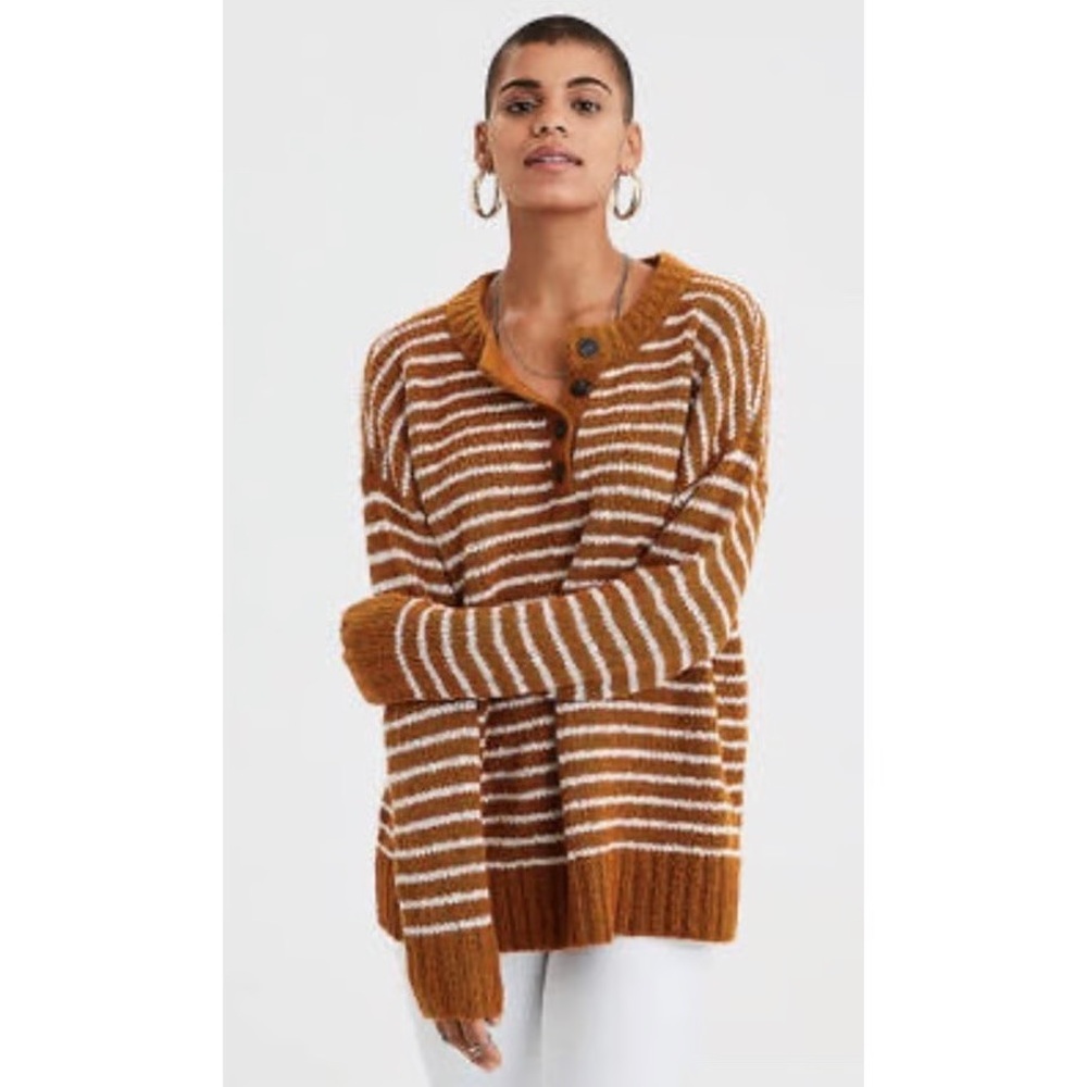 American Eagle Legging Fit Gold/Brown Striped Henley Sweater M - Picture 6 of 6
